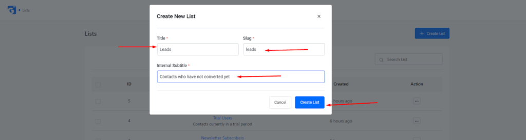 Create List Title Slug and Internal Subtitle