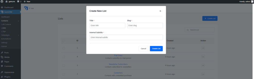Create List button