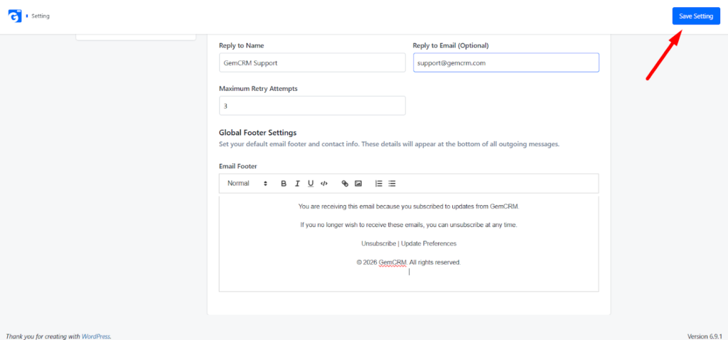 Saving Email Settings