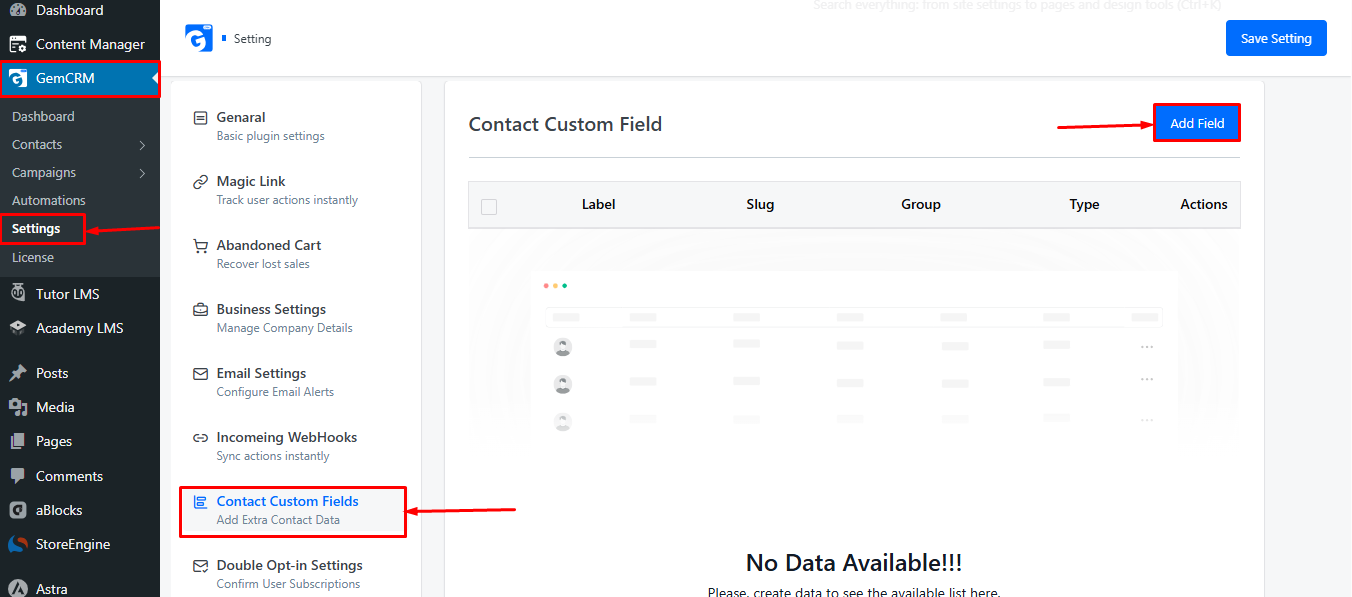 Custom Field settings
