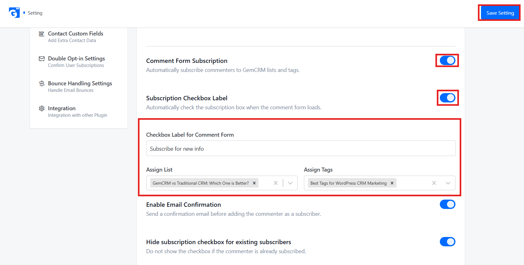 comment form Subscription