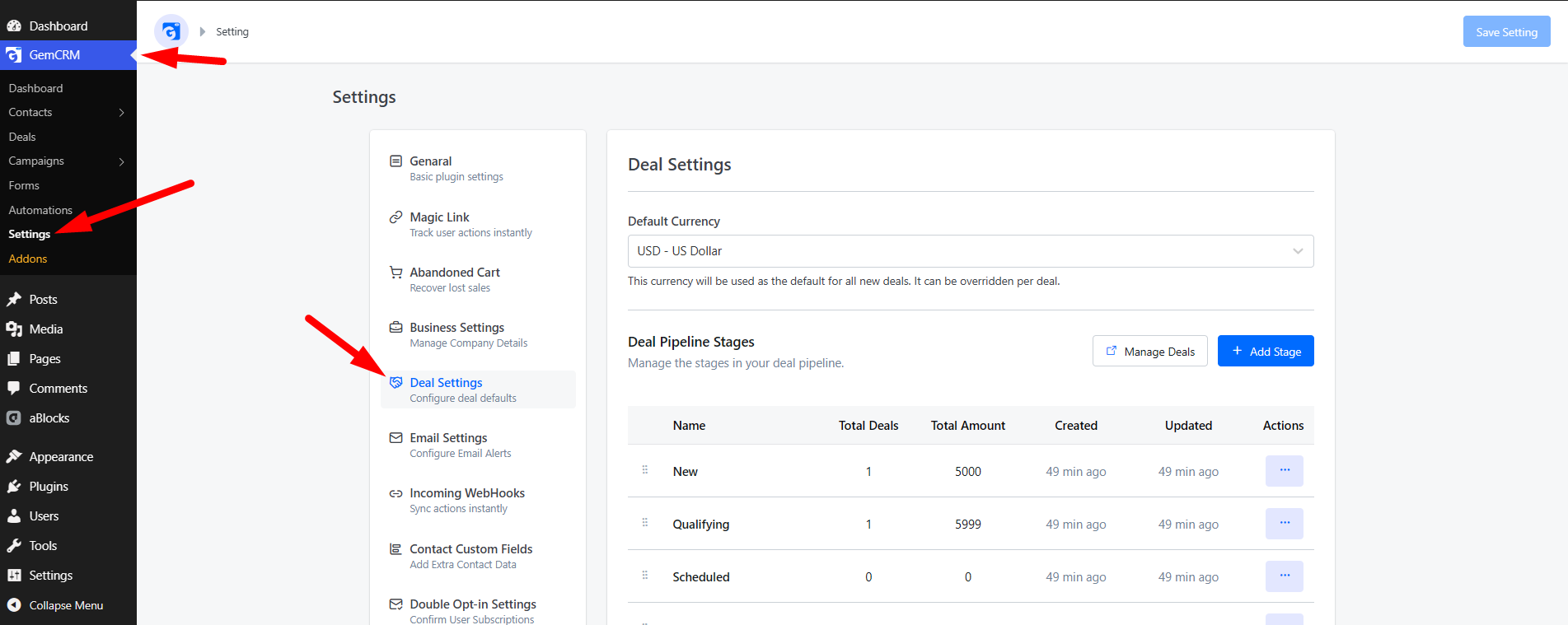 GemCRM Deals Settings