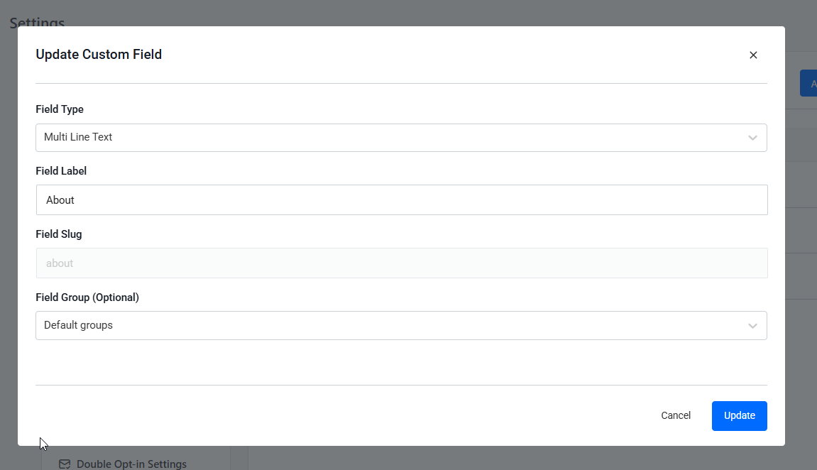 Update Custom Field modal