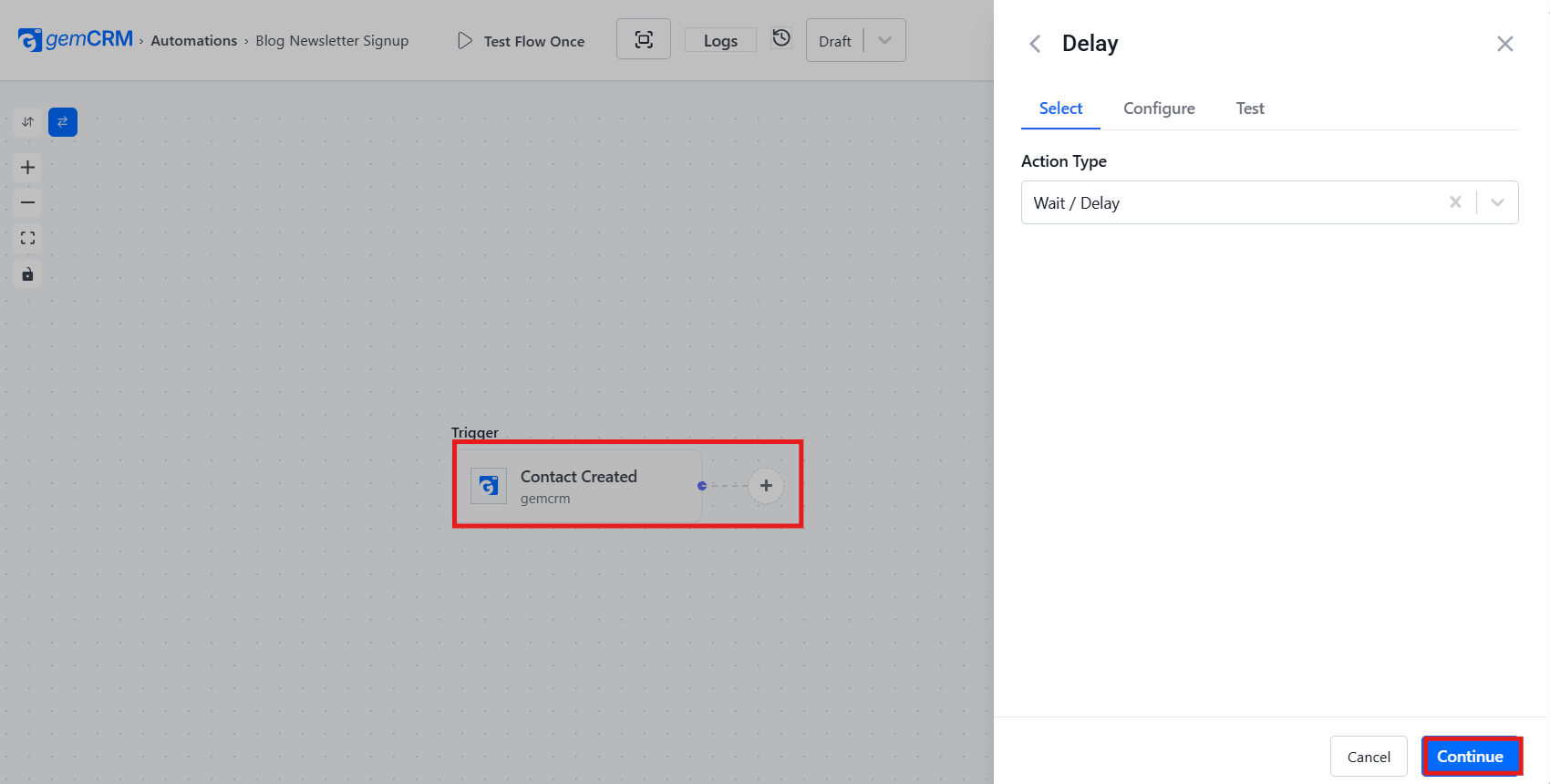 Action Type, select Wait 