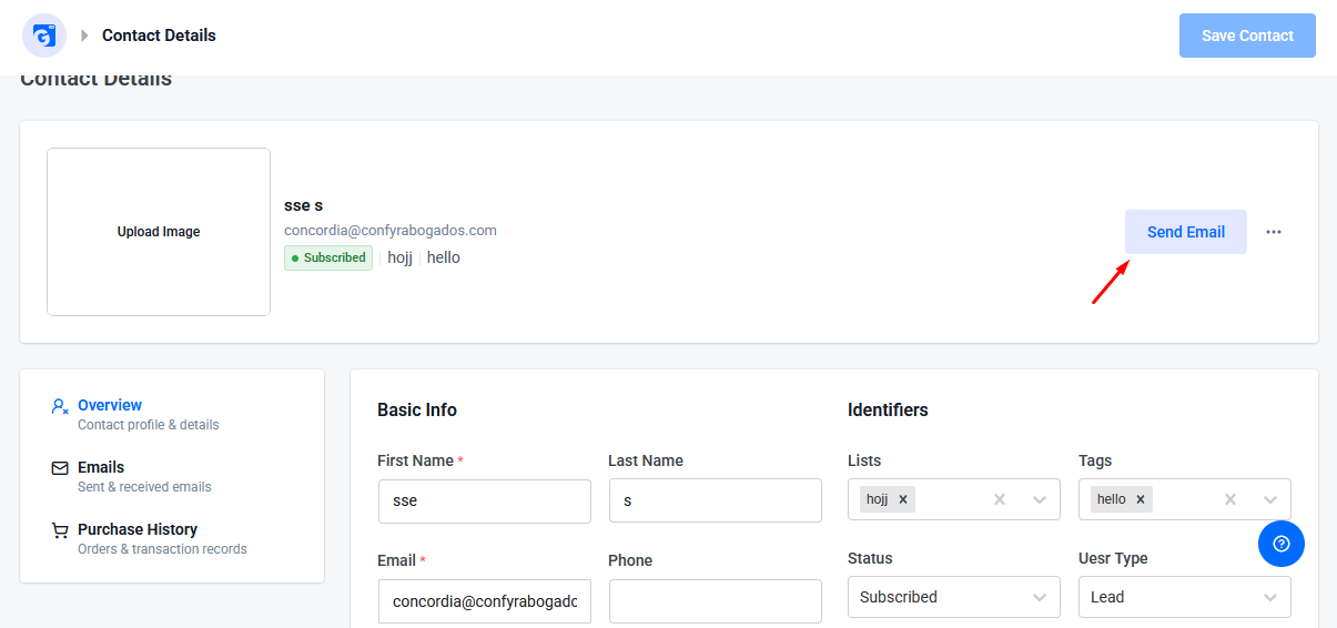 Contact Details page click the Send Email button