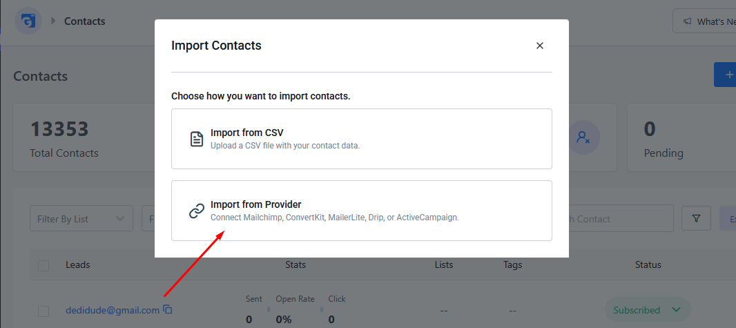 Select Import from Provider