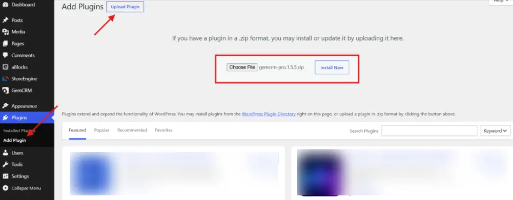 Upload GemCRM Pro ZIP