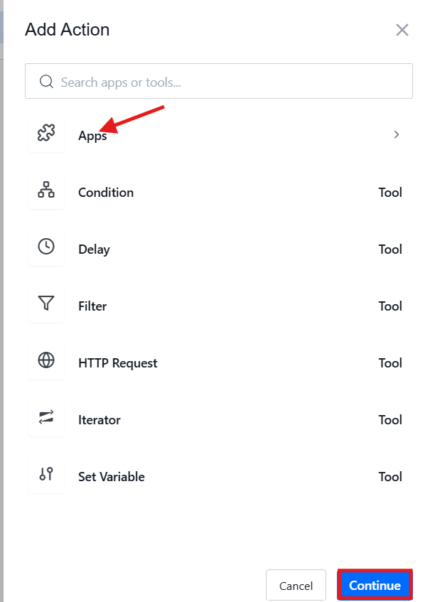 Add Action panel