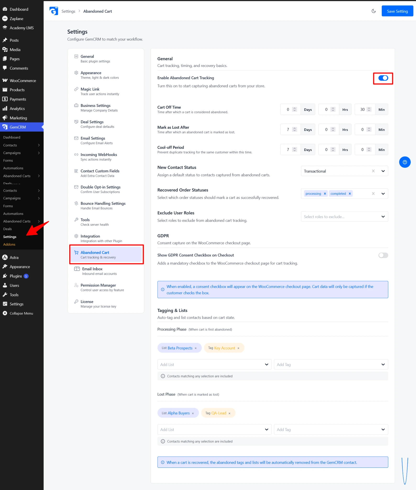 Abandoned Cart Settings