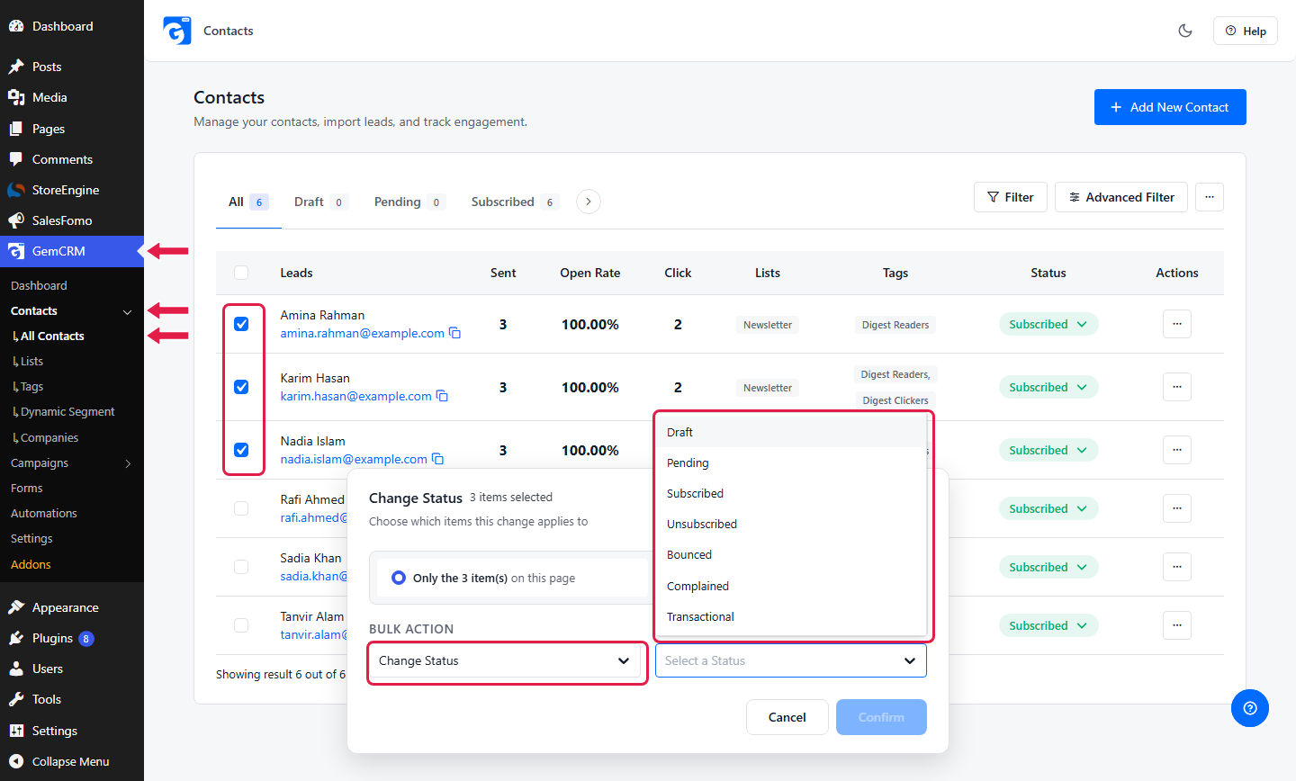 GemCRM, contacts have a status
