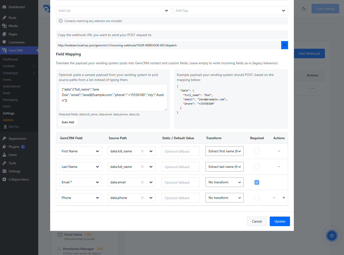 GemCRM guesses matching rows from the field names
