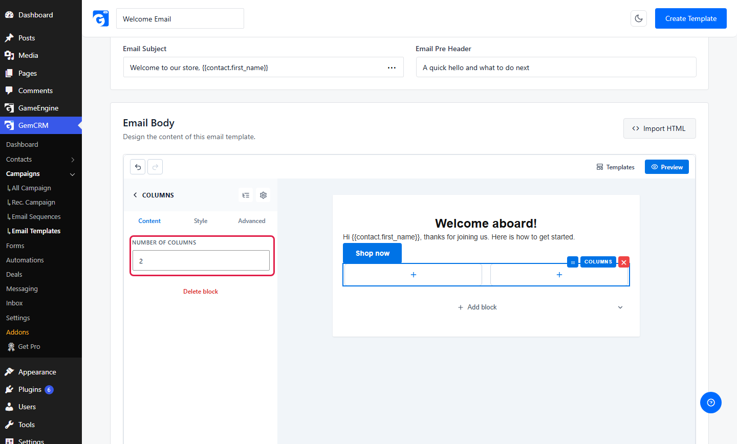 Drag a Columns block