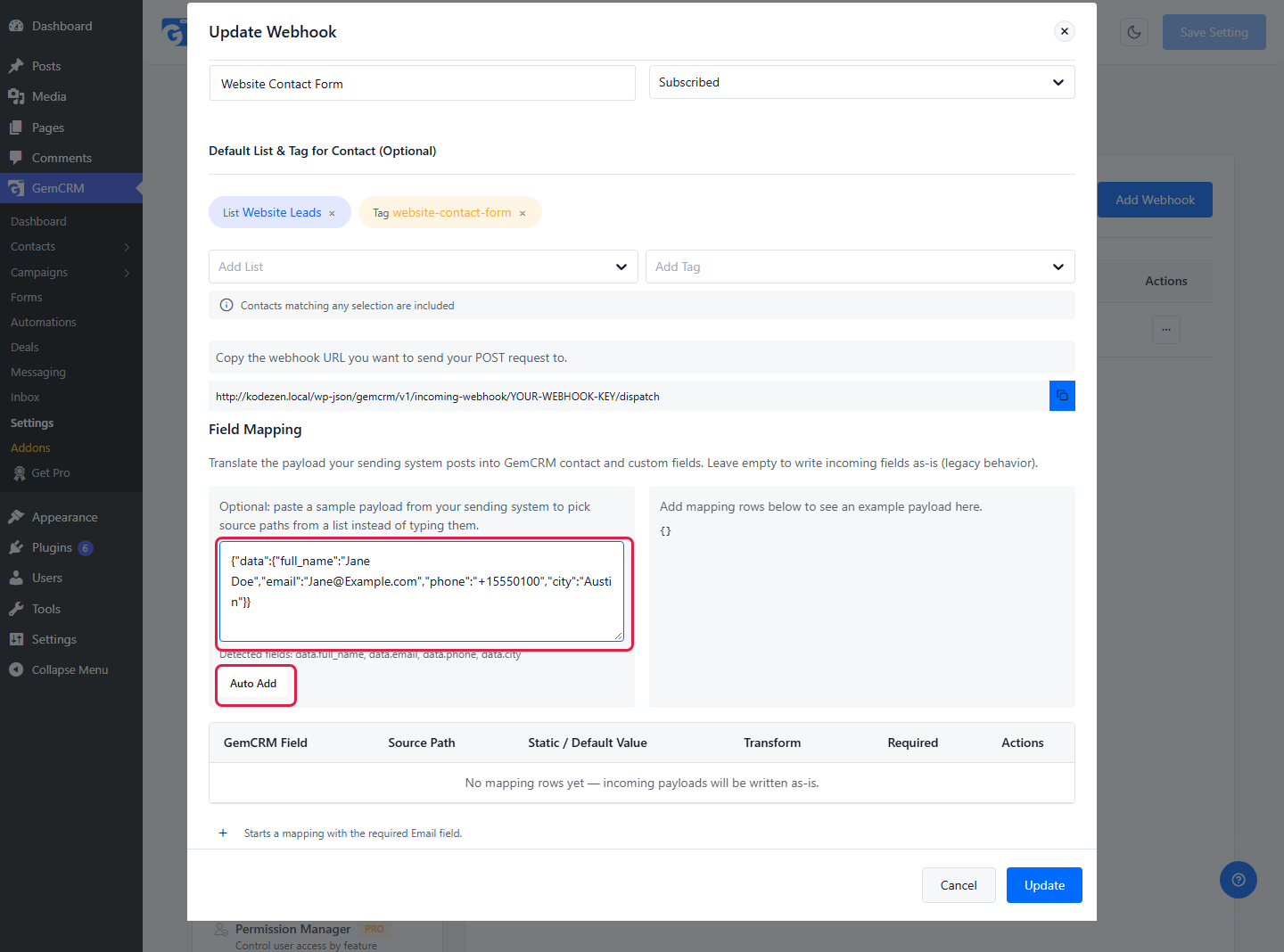 Sample JSON pasted in the box